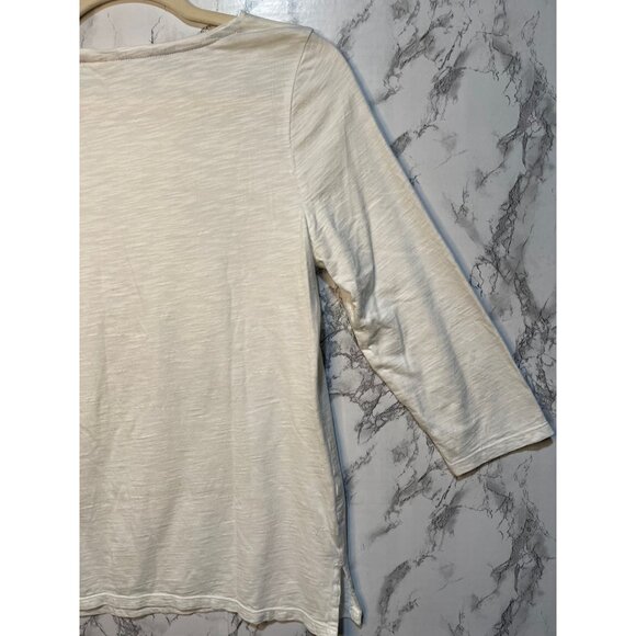 Chico's Women's 3/4th  Long-Sleeve White Top With Frayed Denim Patchwork Design - Picture 6 of 11